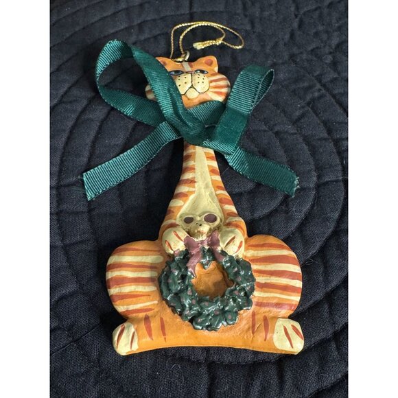 Striped Cat Christmas Ornament With Green Ribbon & Wreath - Picture 5 of 12